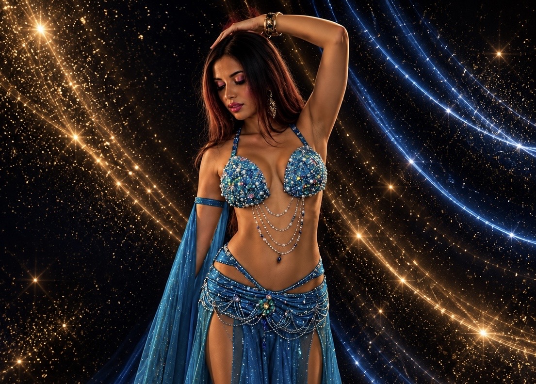 Wassila en costume bleu pour les événements de danse orientale