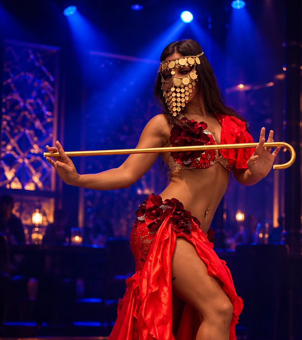 Wassila en costume rouge avec masque et canne — cabaret oriental